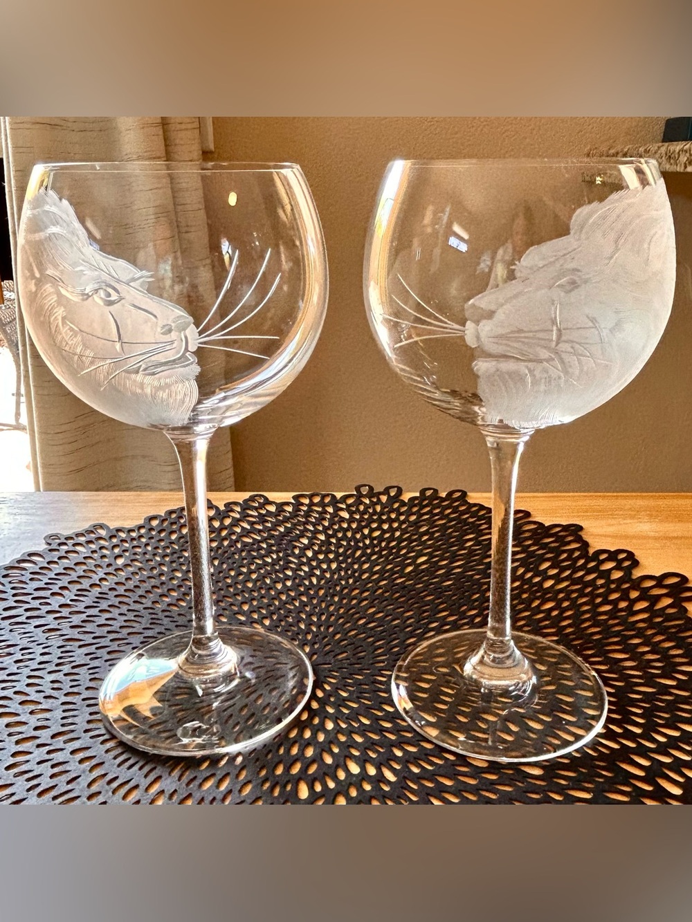 Two Crystal Etched Lion Wine Goblets Signed By Artist Patty Syms